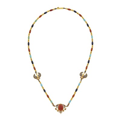 Lot 1094 - Egyptian Revival Gold, Hardstone Bead, Enamel, Diamond and Carved Carnelian Scarab Necklace