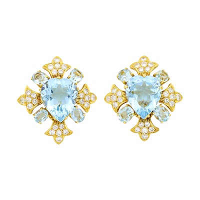 Lot 1057 - Pair of Gold, Aquamarine and Diamond Earclips