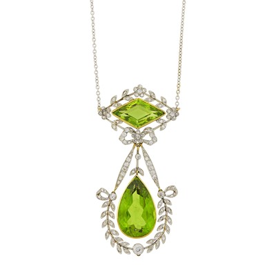 Lot 103 - Belle Époque Platinum, Gold, Peridot and Diamond Pendant with White Gold Chain Necklace