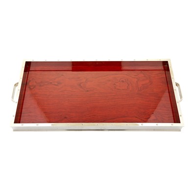 Lot 471 - Chromed Metal and Stained Wood Two-Handled Serving Tray