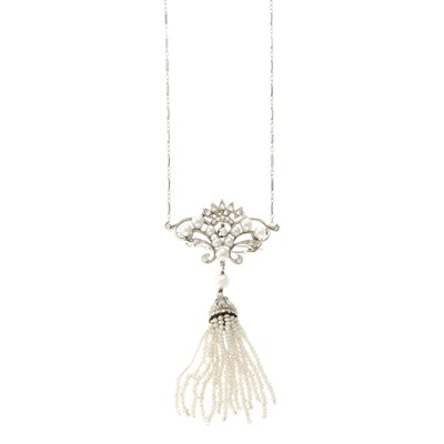 Lot 2073 - Platinum, Cultured Pearl, Seed Pearl and Diamond Pendant-Brooch with White Gold Chain Necklace