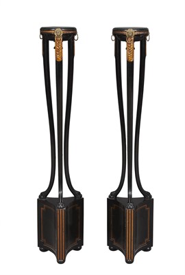 Lot 126 - Pair of Regency Style Parcel-Gilt Ebonized Torchere Stands