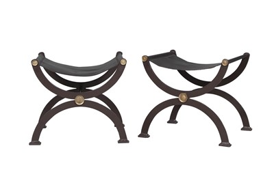 Lot 216 - Pair of Leather and Iron Curule-Form Stools