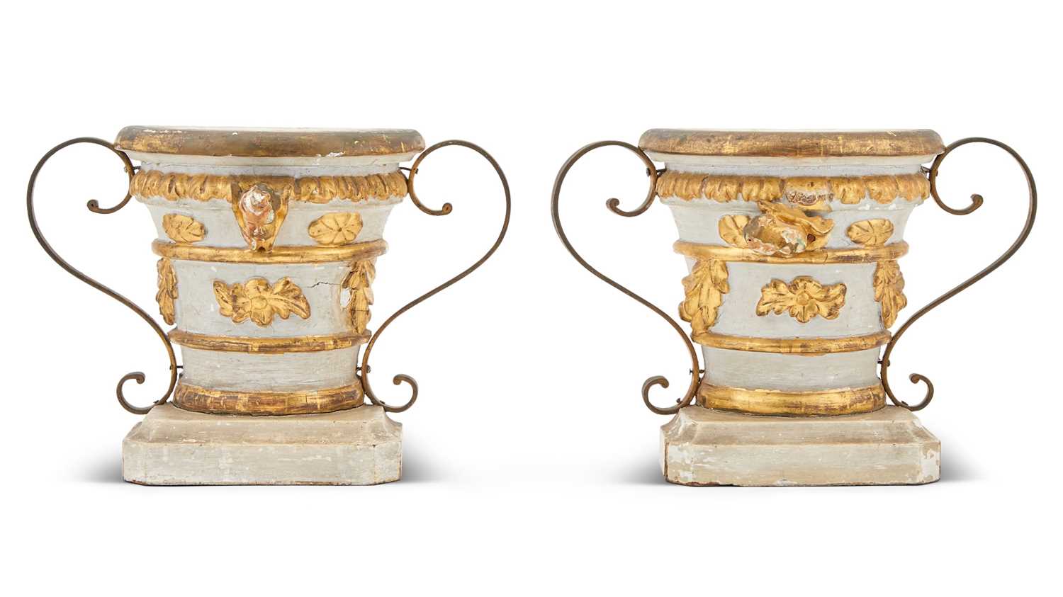 Lot 87 - Pair of Painted and Parcel Gilt Wood Urn Carvings