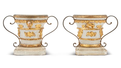 Lot 87 - Pair of Painted and Parcel Gilt Wood Urn Carvings