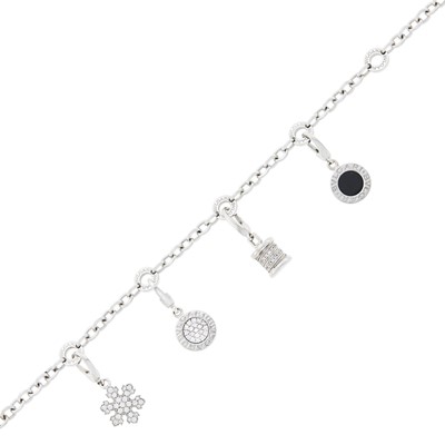 Lot 1078 - Bulgari White Gold, Diamond and Black Onyx Charm Bracelet