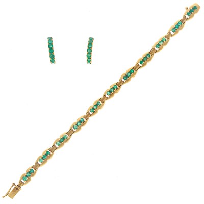 Lot 1220 - Gold and Emerald Bracelet and Pair of Earrings