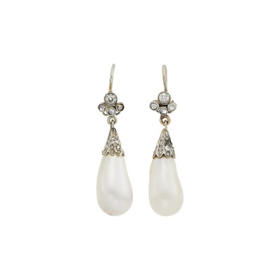 Lot 1089 - Pair of Antique Natural Pearl and Diamond Pendant-Earrings