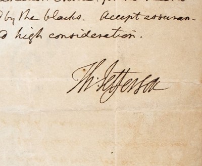 Lot 270 - Thomas Jefferson expresses fears of "a war of extermination" in Saint-Dominigue