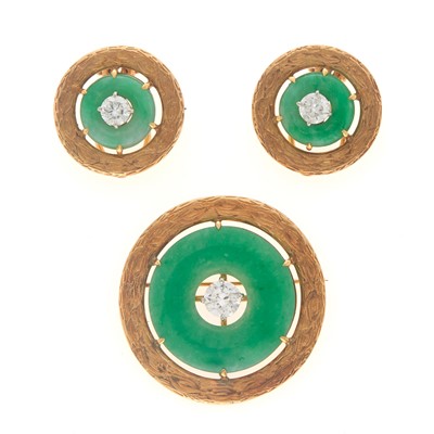 Lot 1156 - Pair of Gold, Jade and Diamond Earclips and Brooch