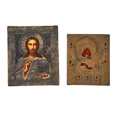 Lot 238 - Russian Silver Icon of Christ Pantocrator; Together with a Russian Brass Icon of the Mother of God