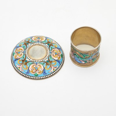Lot 133 - Russian Silver-Gilt and Cloisonné Enamel Dish and Napkin Ring
