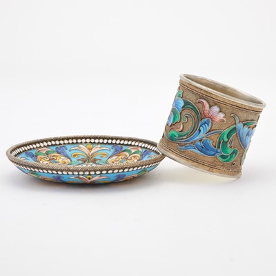 Lot 133 - Russian Silver-Gilt and Cloisonné Enamel Dish and Napkin Ring