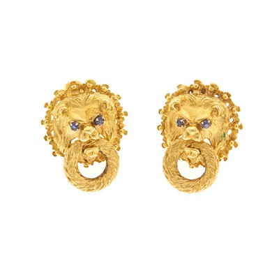 Lot 1178 - Pair of Gold and Sapphire Lion Head Earrings
