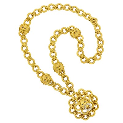 Lot 158 - Long Gold, Sapphire and Diamond Lion Link Pendant-Brooch Necklace