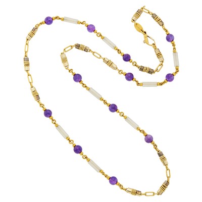 Lot 77 - Bulgari Long Gold, Stainless Steel, Amethyst Bead and Frosted Rock Crystal Link Necklace