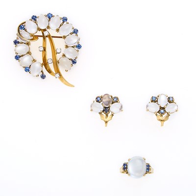 Lot 2098 - Gold, Moonstone and Sapphire Brooch, Pair of Earrings and Tiffany & Co. Ring
