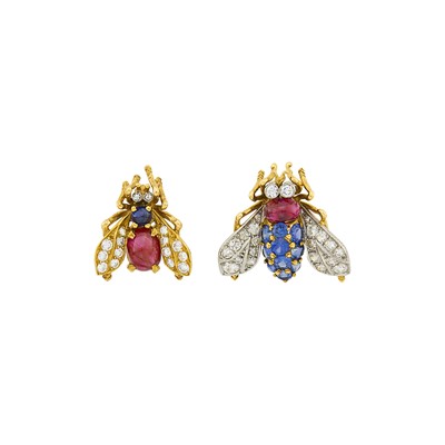 Lot 197 - Van Cleef & Arpels Pair of Gold, Platinum, Gem-Set and Diamond Bee Pins