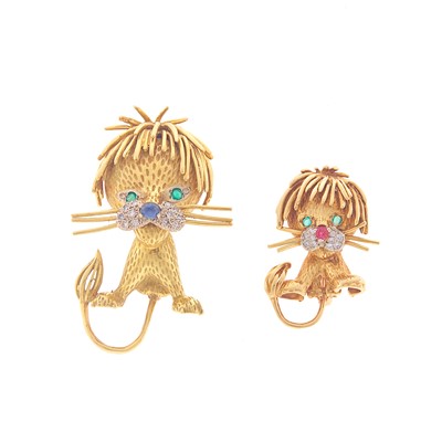 Lot 1150 - Two Gold, Diamond and Gem-Set Lion Cub Brooches