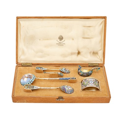 Lot 114 - Russian Silver, Cloisonné, Plique-à-Jour and En Plein Enamel Place Setting