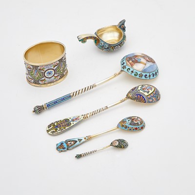 Lot 114 - Russian Silver, Cloisonné, Plique-à-Jour and En Plein Enamel Place Setting
