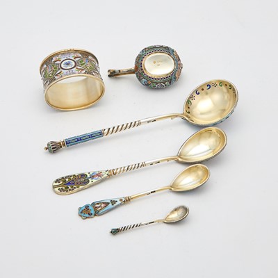 Lot 114 - Russian Silver, Cloisonné, Plique-à-Jour and En Plein Enamel Place Setting