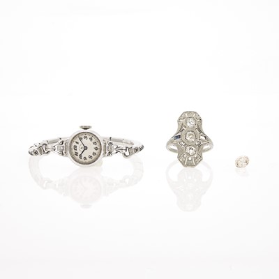 Lot 1103 - White Gold, Diamond and Synthetic Sapphire Ring, Wristwatch and Unmounted Diamond