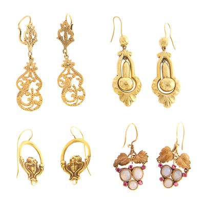 Lot 1114 - Four Pairs of Antique Gold, Low Karat Gold, Gold-Filled and Gem-Set Pendant-Earrings