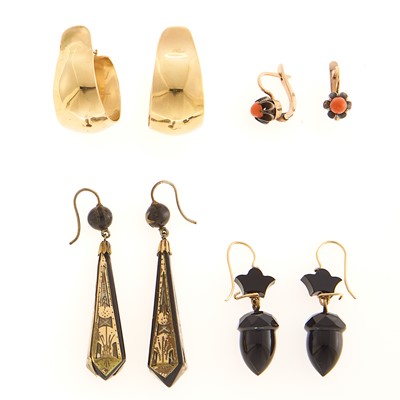 Lot 1115 - Three Pairs of Antique Gold, Silver, Metal, Black Onyx and Coral Pendant-Earrings and Pair of Hoop Earrings