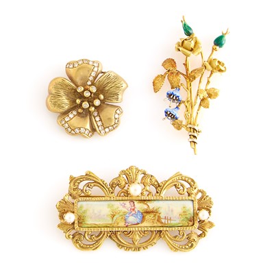 Lot 1123 - Three Gold, Diamond and Enamel Brooches