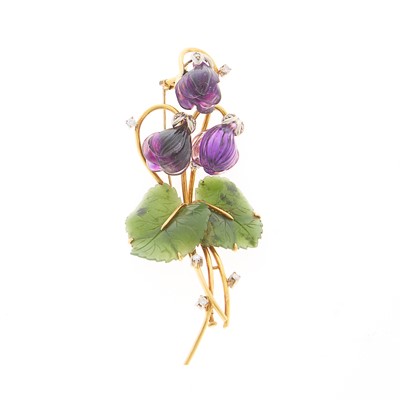 Lot 1133 - Gold, Carved Amethyst, Nephrite and Diamond Flower Brooch