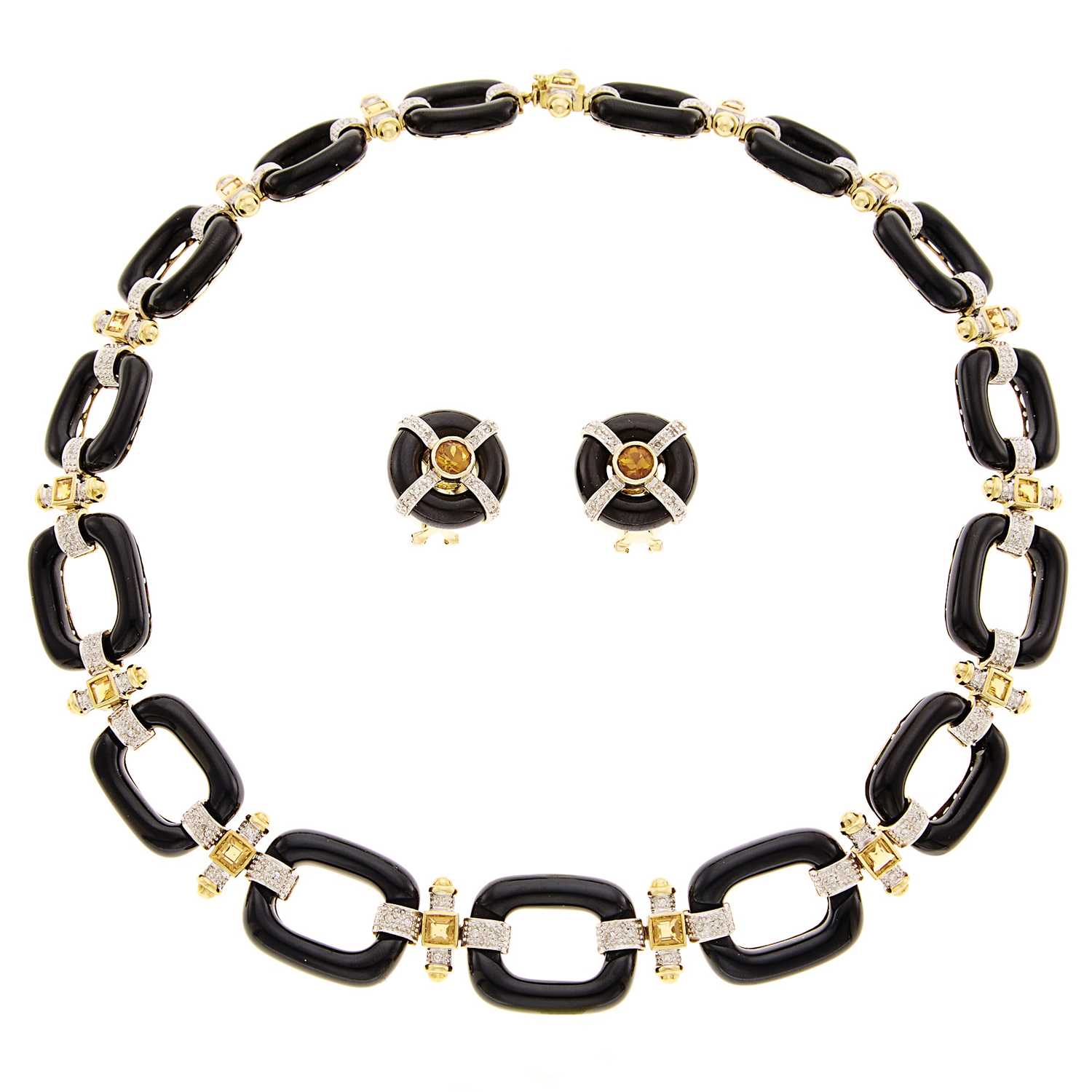 Lot 1215 - Gold, Black Onyx, Citrine and Diamond Necklace and Pair of Earrings