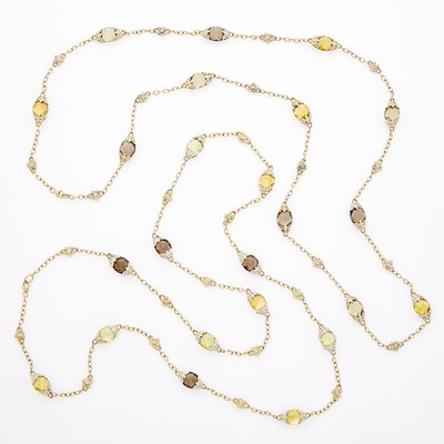 Lot 1184 - Two Long Gold, Citrine, Smoky Quartz and Diamond Necklaces