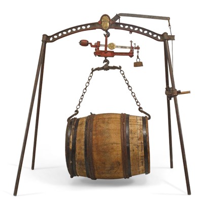 Lot 305 - French Provincial Painted Iron and Brass Wine Barrel Scale