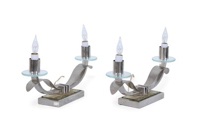 Lot 251 - Pair of Art Deco Nickel and Glass Two-Light Candelabra