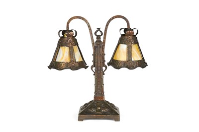Lot 218 - Bronze and Slag Glass Student Lamp