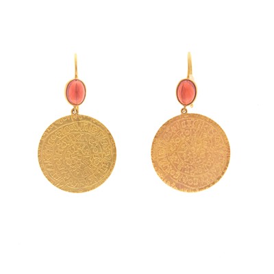 Lot 2116 - Ilias Lalaounis Pair of Gold and Cabochon Garnet Pendant-Earrings