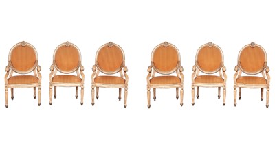 Lot 663 - Set of Six Venetian  Style Painted and Parcel-Gilt Armchairs