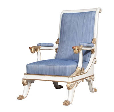 Lot 667 - Continental Gray-Painted and Parcel-Gilt Large Armchair