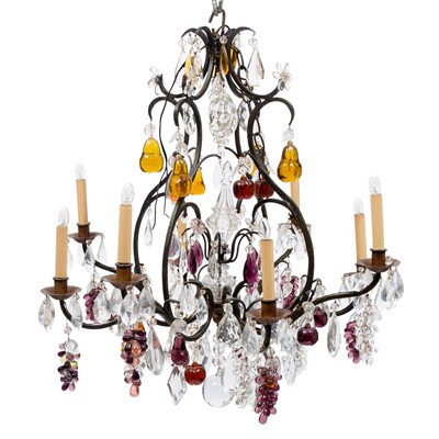 Lot 354 - Louis XV Style Eight-Light Metal and Glass Chandelier with Fruit Pendants