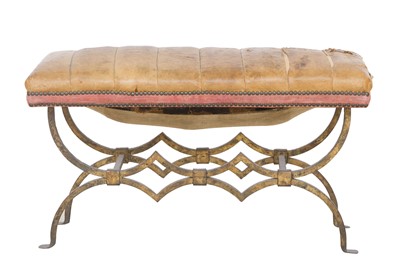 Lot 648 - Gilt Wrought Iron Leather and Velvet Upholstered Bench
