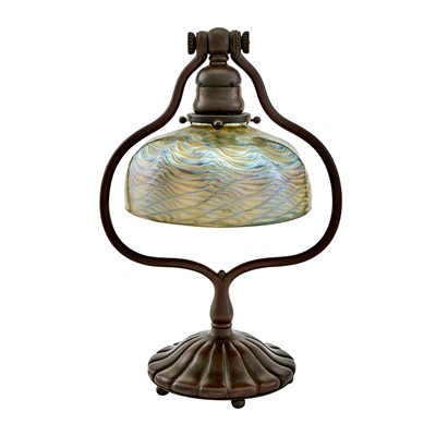 Lot 501 - Tiffany Studios Bronze and Blown Favrile Damascene Glass Harp Desk Lamp