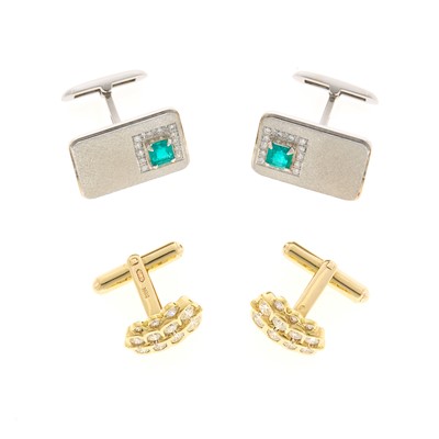Lot 1248 - Platinum, White Gold, Emerald and Diamond Cufflinks and Pair of Gold, Diamond and Simulated Diamond Cufflinks