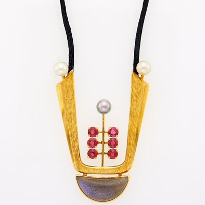 Lot 2148 - Gold, Labradorite, Cultured Pearl and Rhodolite Garnet Pendant with Cord Necklace