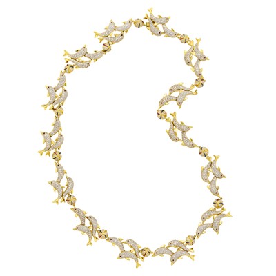 Lot 1102 - Long Two-Color Gold, Diamond and Cabochon Gem-Set Dolphin Necklace