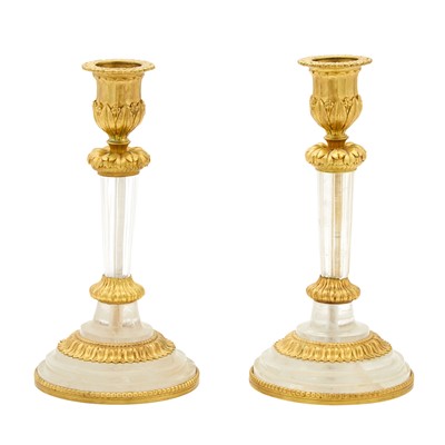 Lot 690 - Pair of Louis XVI Style Gilt-Metal Mounted Rock Crystal Candlesticks