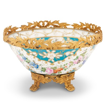 Lot 225 - Limoges Gilt-Metal Mounted Gilt and Polychrome Decorated Porcelain Footed Center Bowl