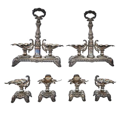 Lot 217 - Pair of French Empire Sterling Silver Double Salts and Set of Four Salts