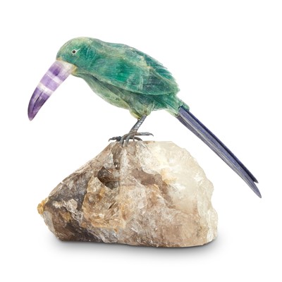 Lot 127 - Quartz, Amethyst, Nephrite and Metal Toucan Sculpture