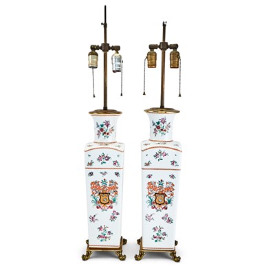 Lot 125 - Pair of Chinese Export Armorial Porcelain Brass Mounted Vases Mounted as Lamps